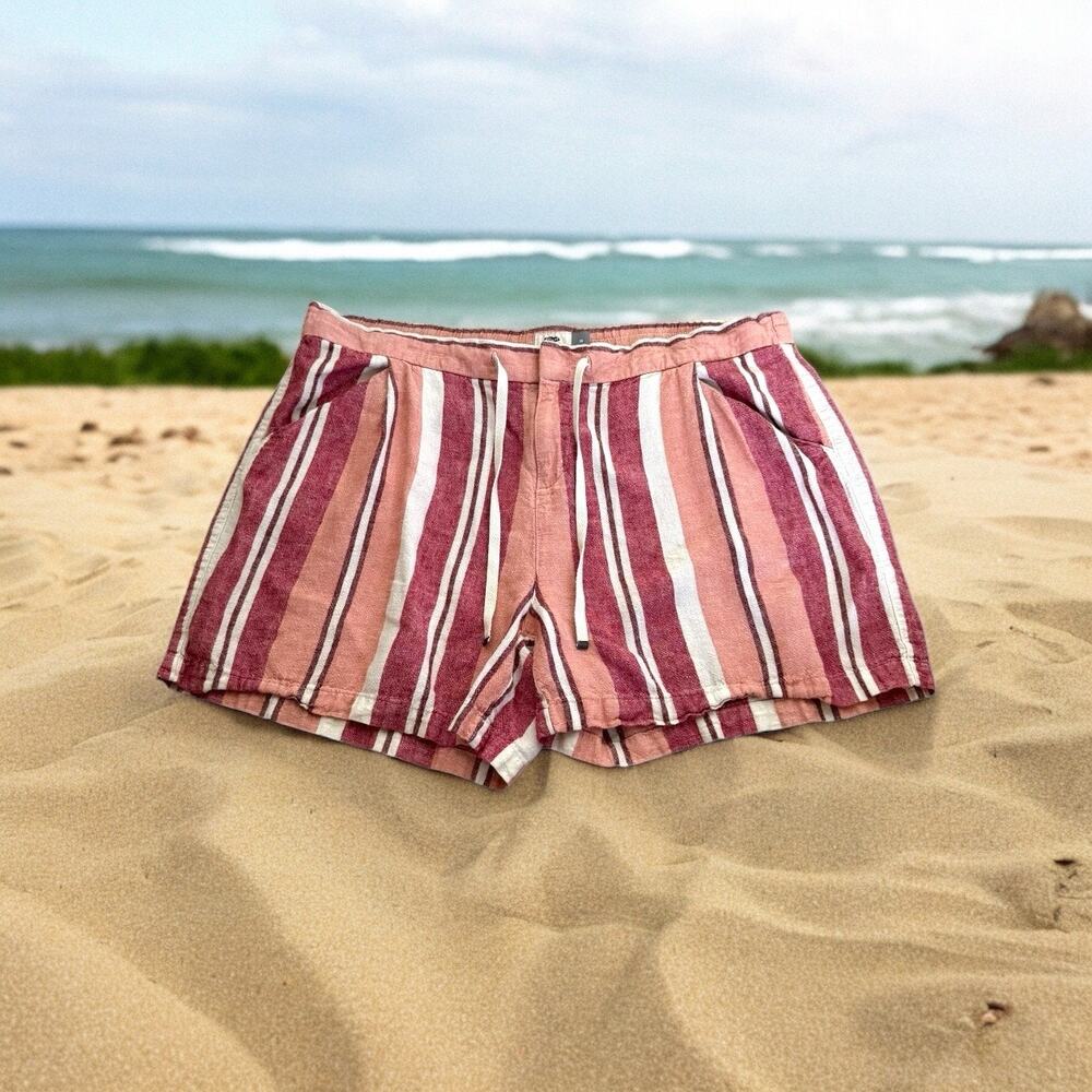 Old Navy Womens Shorts Sz 18 Red Peach White Striped Linen Blend Drawstring